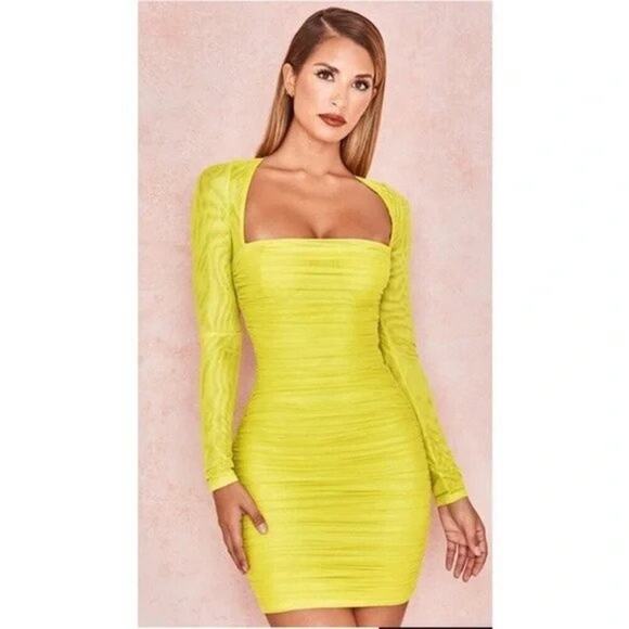 House of CB London Valentina Chartreuse Ruched Mesh Dress Yellow Size XS NWT - Picture 2 of 11